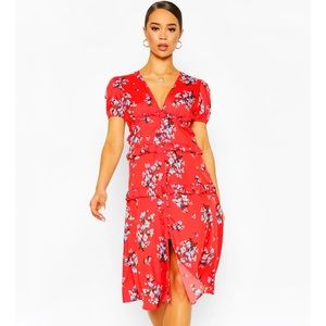 Red Floral Ruffle Midaxi Dress